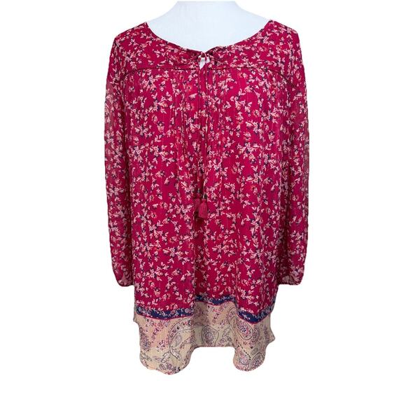 St. John's Bay Women's Blouse Plus Sz 2X Red Shiney Stripes Floral Flowy - Picture 1 of 15